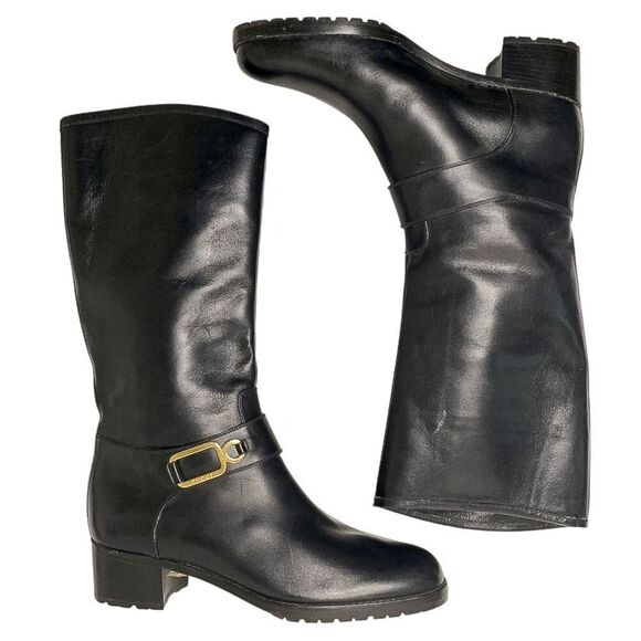 Gucci Tall Black Leather Pull On Riding Boots Size 7.5 Chunky Block Heel - Picture 7 of 12